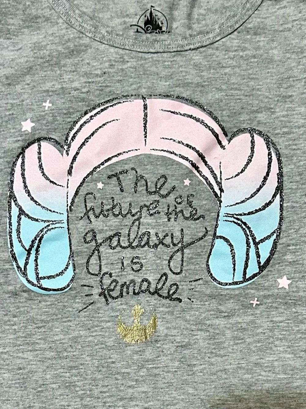 Disney Star Wars Gray Tee with Pink & Blue Graphic and Gold Accent